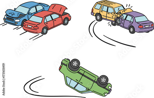 Cars colliding on the road causing damage and accidents, depicting the dangers of reckless driving with a cautionary theme.