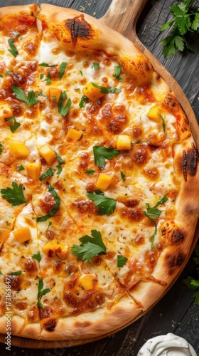 A fusion pizza with Italian crust, Indian curry sauce, mozzarella, and mango slices, garnished with cilantro and yogurt. Warm light enhances its colors on a rustic board