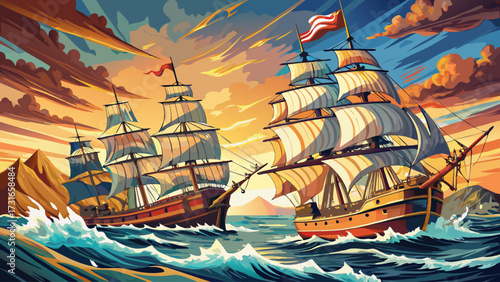 Fight of two military sailing ships at sea depicted in dramatic old oil painting, showcasing turbulent waves, detailed rigging, historical battle atmosphere, artistic brushstrokes, maritime heritage, 