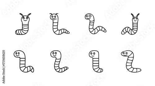 Collection of eight cute cartoon earthworm characters in a simple line drawing silhouette