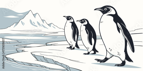 vector illustration of a group of penguins standing and waddling on icy terrain. Include snow texture, subtle reflections, distant icebergs, crisp sky, minimal extra elements, clean composition