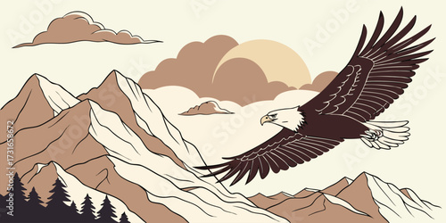 Vector poster of a bald eagle gliding over rugged mountains at sunrise. Include soft clouds, warm morning light, detailed feathers, minimal background distractions, cinematic wildlife composition.