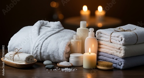 Spa relaxation setting towels robe candles and products on wooden surface
