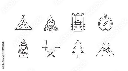 Collection of outdoor camping and hiking adventure icons silhouette