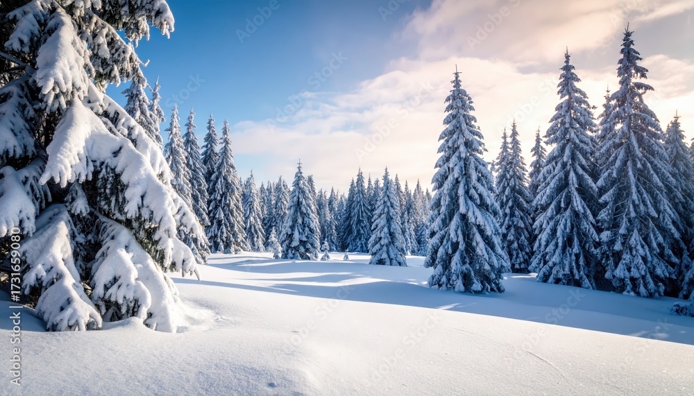 Fototapeta premium Scenic view of a snow-covered forest showcasing tall evergreen trees laden with thick, fresh snow against a bright blue sky with subtle cloud formations.