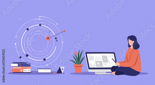 Focused woman working digitally on desktop computer with stylus, surrounded by books and data visualization on purple background.