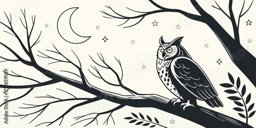 Vector poster of a great horned owl perched on a tree branch under moonlight. Include subtle stars, detailed feathers, soft shadows, minimal background, dramatic nocturnal wildlife style.
