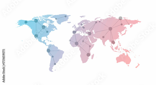 Digital world map showcasing a vibrant network of linked nodes, illustrating global connectivity, internet infrastructure, and international business relations across continents
