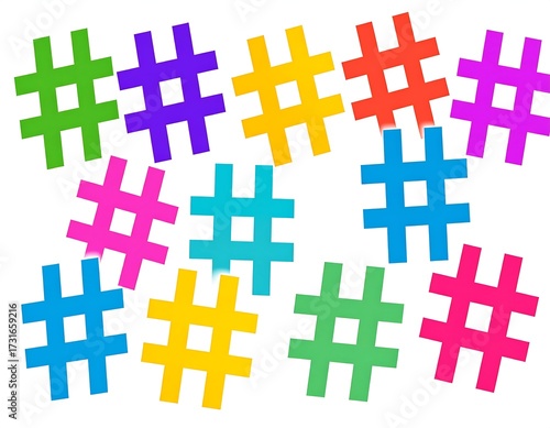 Colorful hashtag symbols scattered on white background (1)