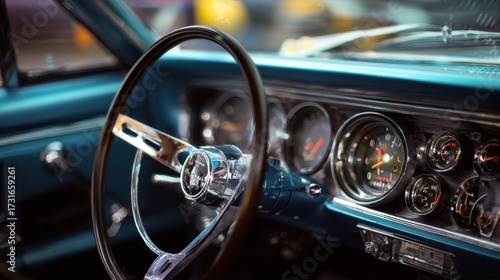 Classic Car Interior: Immerse yourself in the timeless elegance of this classic car interior.  A meticulous view showcases the refined dashboard, steering wheel.