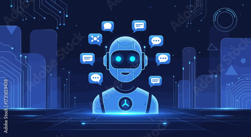 Futuristic chatbot illustration: AI assistant interacting with users via chat interface