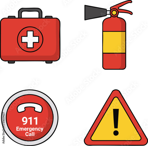 Emergency equipment displayed against a white backdrop, including a first aid kit, fire extinguisher, and emergency call sign, creating a sense of preparedness.