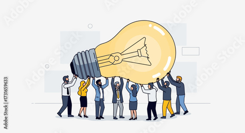 Teamwork and innovation: A diverse group of professionals lift a giant lightbulb