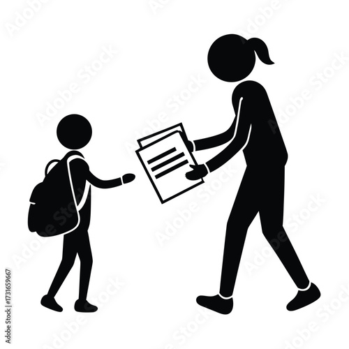 Teacher giving papers to student with backpack silhouette