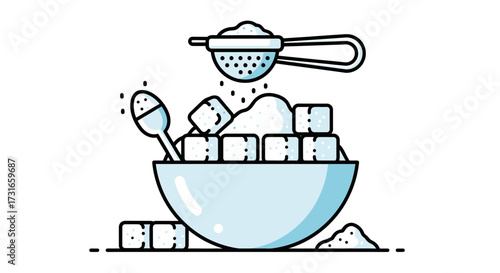 Minimalist illustration of sugar cubes, powder, and a sieve for culinary applications