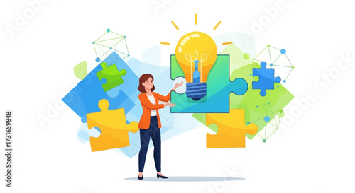 Successful business solutions and innovative idea concept represented by a woman solving a puzzle