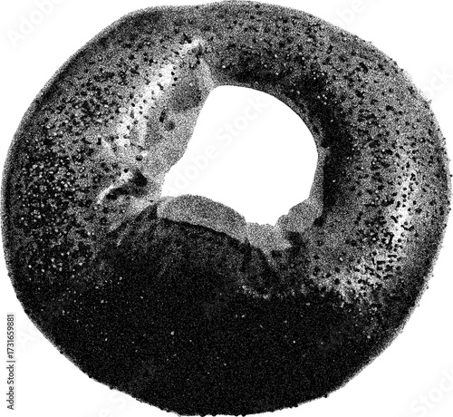 Close-up black and white stippled illustration of a poppy seed bagel