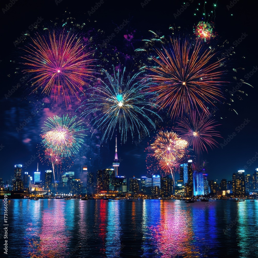 Fototapeta premium Vibrant Fireworks Display over City Skyline Reflected on Water at Night Celebration