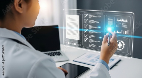 Futuristic Medical Data Management: Doctor Interacting with AI-Powered Health Interface

