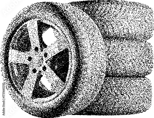 Stylized Black and White Illustration of a Car Wheel and Tires