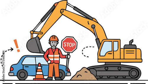 Construction worker holding stop sign directs excavator away from parked car on city street, creating a humorous and cautionary scene.