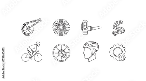 Collection of bicycle parts and cyclist silhouette icons in sketchy style