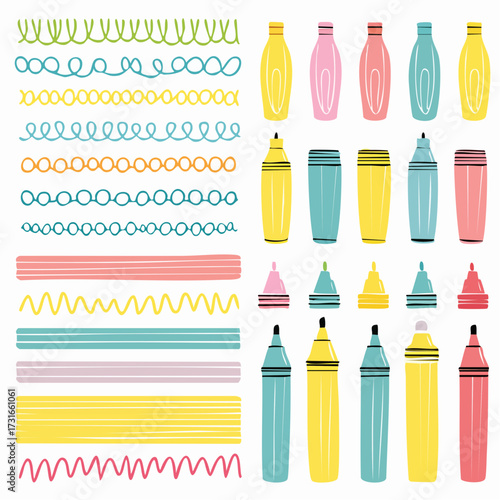 Marker pen color line set. Marker and pen highlight with line stroke, text underline and pencil mark. Hand drawn sketch cute element with stripe brush and colorful scribble.