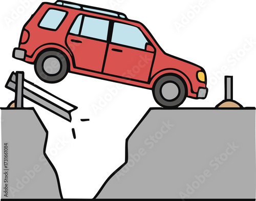 Red car driving off a cliff after breaking through a barrier, showing the dangers of reckless driving and the potential for accidents, conveying a sense of danger.