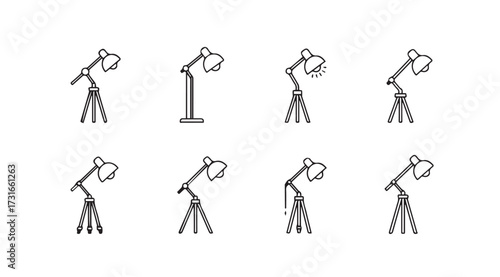Set of eight microphone stand silhouettes in various poses and styles silhouette