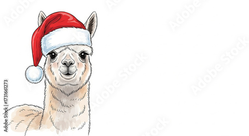 Alpaca wearing a Santa hat with a cheerful expression for Christmas  