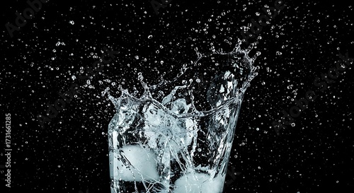 Water splash with ice cubes in a glass on a black background