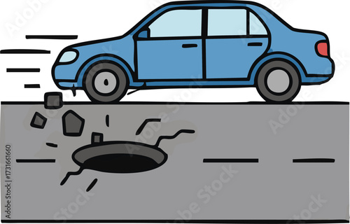 Blue car drives over pothole in asphalt road, causing damage and creating a dangerous situation for drivers, highlighting infrastructure issues and road safety concerns.