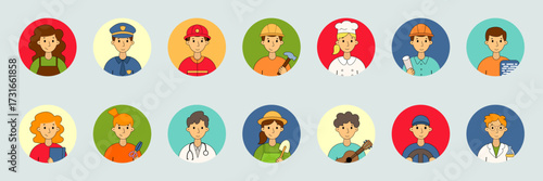 Collection of round avatars with jobs and careers. Professional people illustration pack: driver, architect, musician, nurse, worker, teacher, chef, firefighter, police officer,