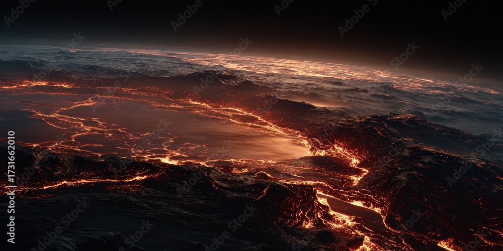 Fototapeta premium Planet's Fiery Embrace: An otherworldly vision of the planet's surface is consumed by a mesmerizing glow of fiery magma, a symbol of the Earth's raw power and transformative nature.