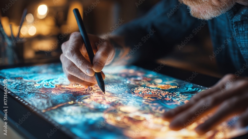 Fototapeta premium Digital artist creating abstract art on tablet with stylus
