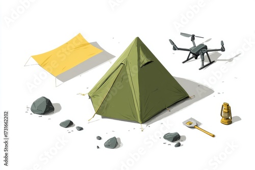 camping scene with tent, drone, lantern, rocks clip art preview