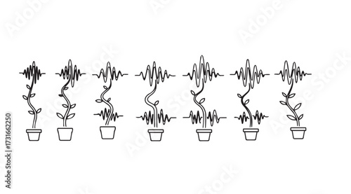 Abstract organic plant growth patterns in pots silhouette