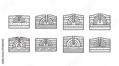 Set of eight stylized tree root system cross sections in a minimalist line art silhouette