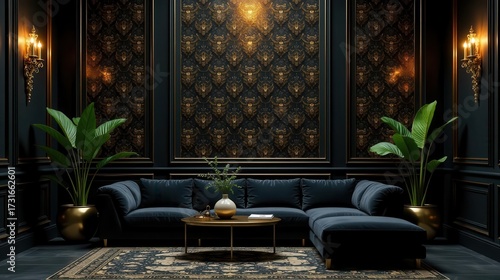 Opulent Dark Decor Luxurious Velvet Sectional Sofa in a Sumptuously Appointed Room with Gilded Accents and Lush Greenery