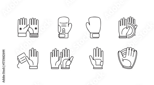 Collection of eight different glove types in a simple outline silhouette style