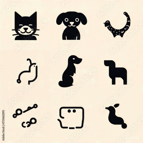 Collection of minimalist animal icons, featuring a cat, dog, and various other stylized creatures, presented in a clean, modern design