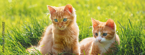 Photography Portrait of two little kittens playing on the grass on a sunny summer day