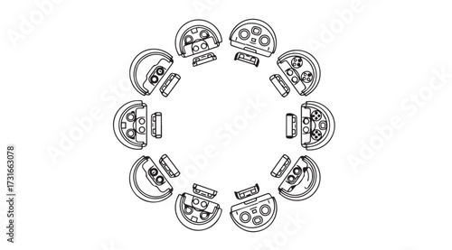Arrangement of pizza slices forming a circular shape silhouette
