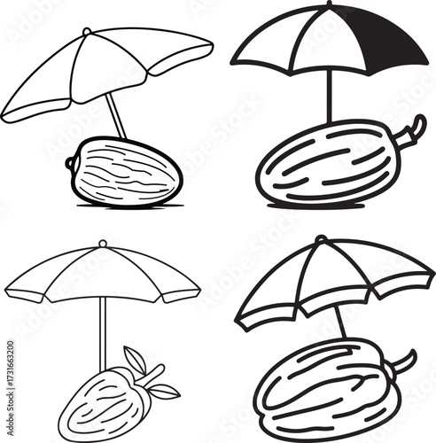 Creative artwork set featuring fruits under umbrellas for protection and whimsy