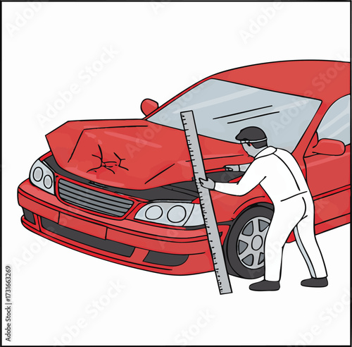 Man measures damage on red car after accident in parking lot, assessing repair costs and insurance claim process.