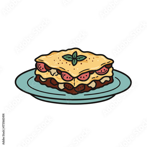 Cheesy lasagna slice on plate in warm cozy cartoon illustration