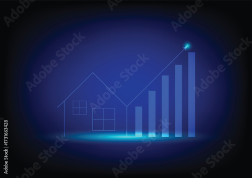 Real estate investment concept. The glowing and neon light of the home with an upper arrow and column graph on a dark blue background. Property growth and profit for the future.