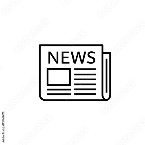 Simple black and white line icon of a newspaper with the word NEWS, isolated on white background