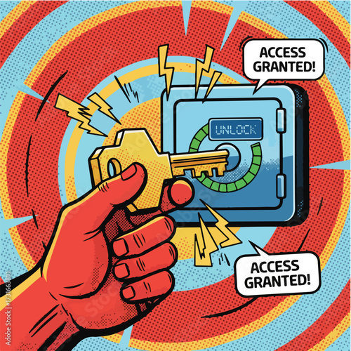 Digital Assets Security Unlocking Safe Vector Illustration. Hand Key Access Flat Design