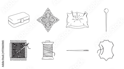 Collection of eight hand drawn sketches of various objects and decorative elements silhouette